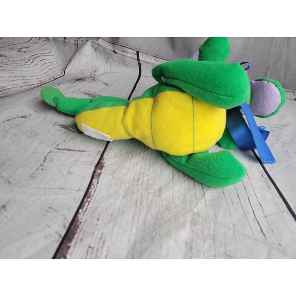Plush Dragon Stuffed Animal Toy Vintage Green Plushie Small One Sheild Ribbon - Picture 6 of 8